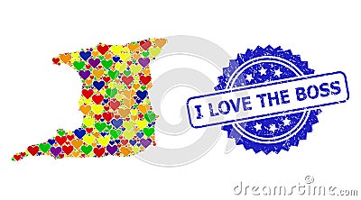 I Love the Boss Rubber Seal and Bright Heart Mosaic Map of Trinidad Island for LGBT Vector Illustration