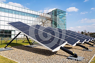 Blue rotating solar panels tilted axis tracker, future energy concept Stock Photo