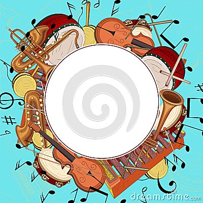 Blue round background with notes and musical instruments. Vector Illustration