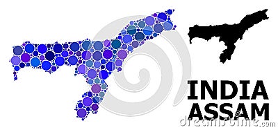 Blue Round Dot Mosaic Map of Assam State Stock Photo