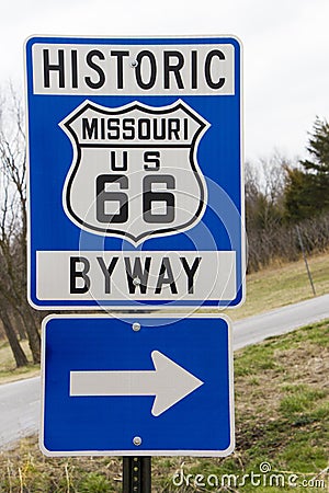 Blue Route 66 Historic Byway Sign Stock Photo