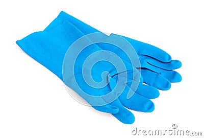 Blue rubber gloves for cleaning on white background, workhouse concept Stock Photo