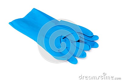 Blue rubber gloves for cleaning on white background, workhouse concept Stock Photo