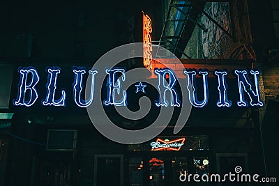 Blue Ruin Bar neon sign at night, Manhattan, New York Editorial Stock Photo