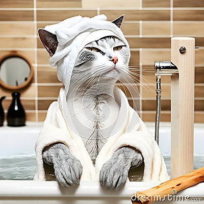 Blue Russian cat takes a bath in a Jacuzzi savoring the moment Stock Photo