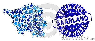 Blue Star Saarland Land Map Collage and Scratched Stamp Vector Illustration