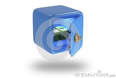 Blue safe with money and dollars. Icons of safe for bank. Vault with lock. Protection, security concept. 3D render Stock Photo