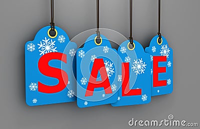 Blue sale tags hanging Stock Photo