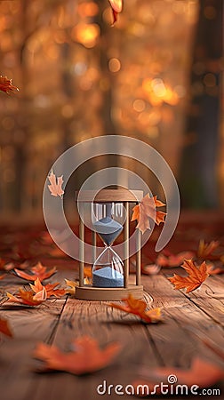 An hourglass filled with blue sand rests on a wooden table surrounded by vibrant red autumn leaves against a blurred Stock Photo