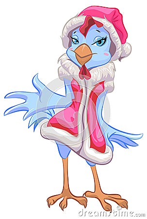 Blue Santa chicken symbol 2017. Female rooster Vector Illustration