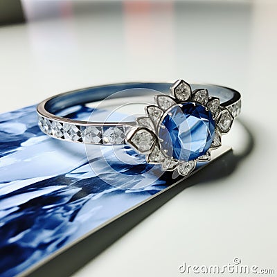 Blue Sapphire And Diamond Ring With Cyanotype Diamond Bracelet Stock Photo