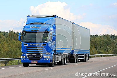 Blue Scania Euro 6 Combination Vehicle Trucking at Summer Editorial Stock Photo