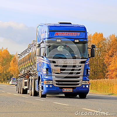 Blue Scania R440 Tank Truck on Autumn Highway Editorial Stock Photo