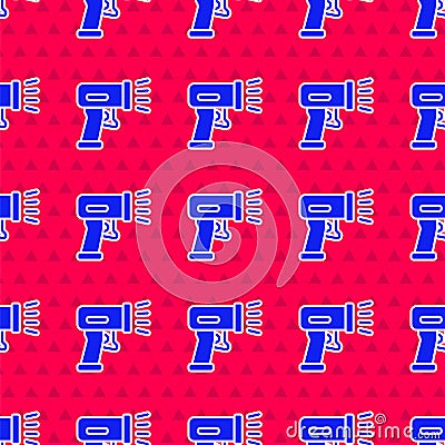 Blue Scanner scanning bar code icon isolated seamless pattern on red background. Barcode label sticker. Identification Stock Photo