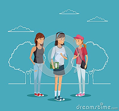 Blue scene with silhouette landscape and colorful full body group women student Vector Illustration