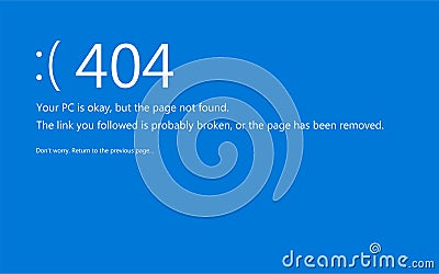 Blue screen of death. System crash report redesigned like 404 error page not found. Vector Illustration