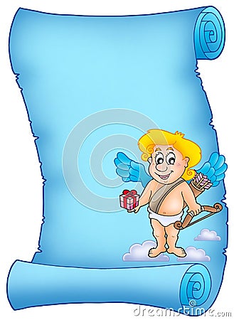 Blue scroll with Cupid holding gift Cartoon Illustration