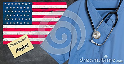 Blue scrubs with USA flag for healthcare issues Stock Photo