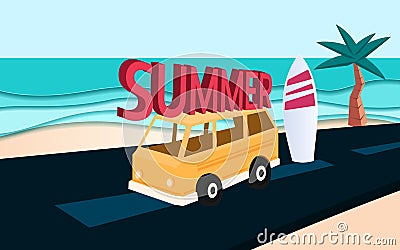 Blue sea and beach paper waves with SUMMER text on car. Paper cut style Vector Illustration