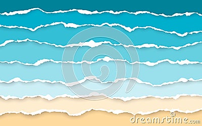 Blue sea and beach summer background. Torn paper stripes. Ripped squared horizontal paper strips. Torn paper edge. Vector Vector Illustration