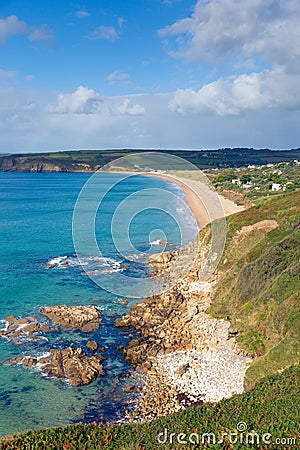 Blue sea and coast of Cornwall Englandat Praa Sands Stock Photo