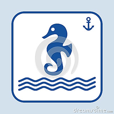 Blue sea horse icon, swimming in the sea or ocean. Sign anchor. Marine theme. Vector illustration Cartoon Illustration