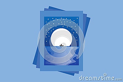 The Blue sea and moon snapshot illustration design-01 Cartoon Illustration