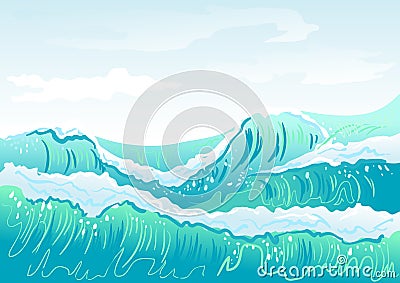 Blue sea wave and sky Vector Illustration
