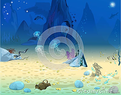 Blue seabed with marine inhabitants Stock Photo