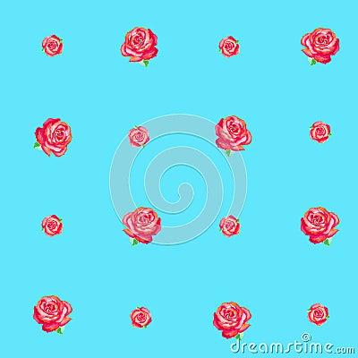 Blue seamless pattern of small red roses. Stock Photo