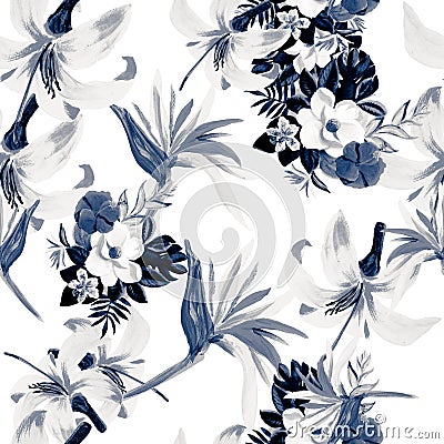 Blue Seamless Vintage. Cobalt Pattern Vintage. Navy Tropical Exotic. White Spring Vintage. Gray Floral Exotic. Stock Photo