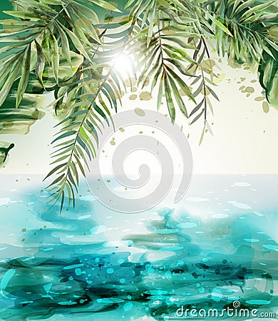 Blue seaside Summer tropic card Vector watercolor. Palm leaves and sunshine views Vector Illustration