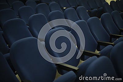 Blue seats in hall. Rows of seats. Cinema Details Stock Photo