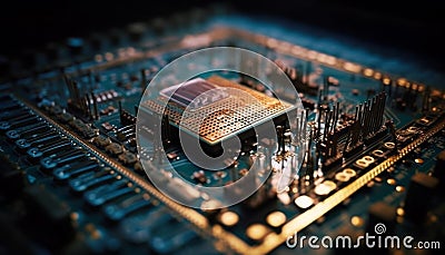 Blue semiconductor circuit board shows complexity of computer equipment progress generated by AI Stock Photo