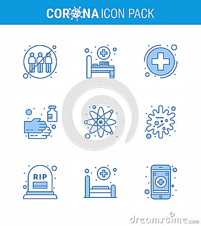 9 Blue Set of corona virus epidemic icons. such as atom, wash, medica, soap, cleaning Vector Illustration