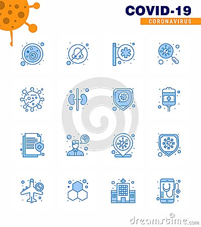 16 Blue Set of corona virus epidemic icons. such as bacteria, scan, hospital sign, germs, bacteria Vector Illustration