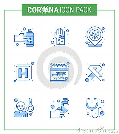 9 Blue Set of corona virus epidemic icons. such as date, medicine, hygiene, hospital, covid Vector Illustration