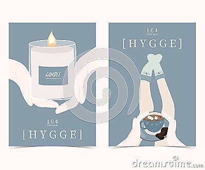 Blue set of hygge cards and posters with candle,hand,sock,leg an Vector Illustration