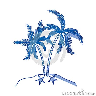 Blue shading silhouette of island with palms tree Vector Illustration