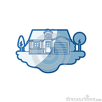 Blue shading silhouette scene of outdoor landscape and facade house with garage and attic Vector Illustration