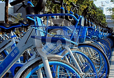 Blue shared bikes in China Editorial Stock Photo