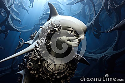 Blue Shark morphing in human underwater hybrid creature illustration generative ai Cartoon Illustration