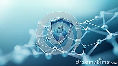 Blue shield with a glowing lock icon amidst a network mesh, highlighting cyber defense, data encryption, and secure communicati Cartoon Illustration