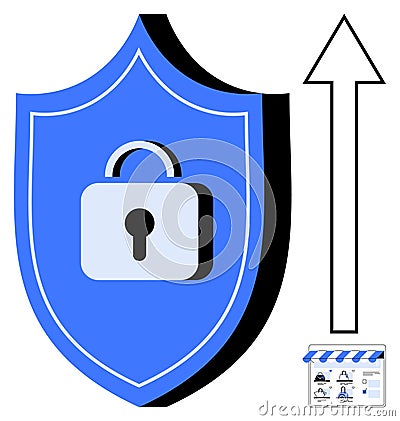 Blue Shield with Lock Symbol, Upward Arrow, and E-commerce Store Elements Emphasizing Security Vector Illustration
