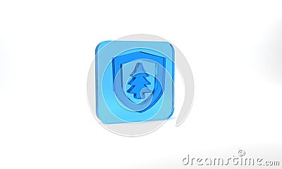 Blue Shield with tree icon isolated on grey background. Eco-friendly security shield with tree. Glass square button. 3d Cartoon Illustration