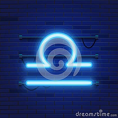 Blue shining cosmic neon zodiac Libra symbol on brick wall background. Astrology concept. Vector Illustration