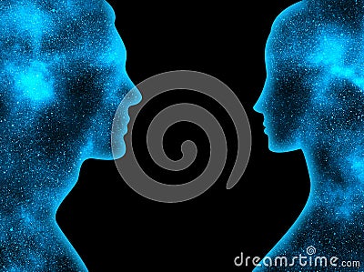 Blue universe in the shape of a woman and a man on a black background Stock Photo