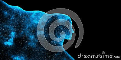 Blue shining star universe in the shape of a woman's profile silhouette on a black background Stock Photo