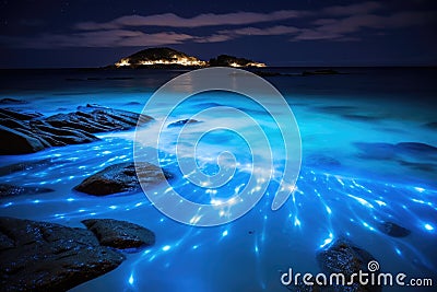 blue shining water in the sea bioluminescence AI generated Stock Photo