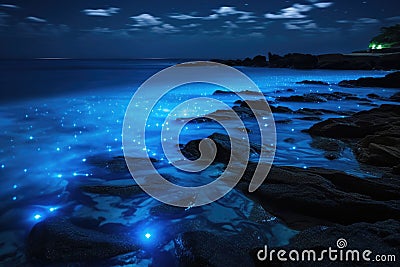 blue shining water in the sea bioluminescence AI generated Stock Photo